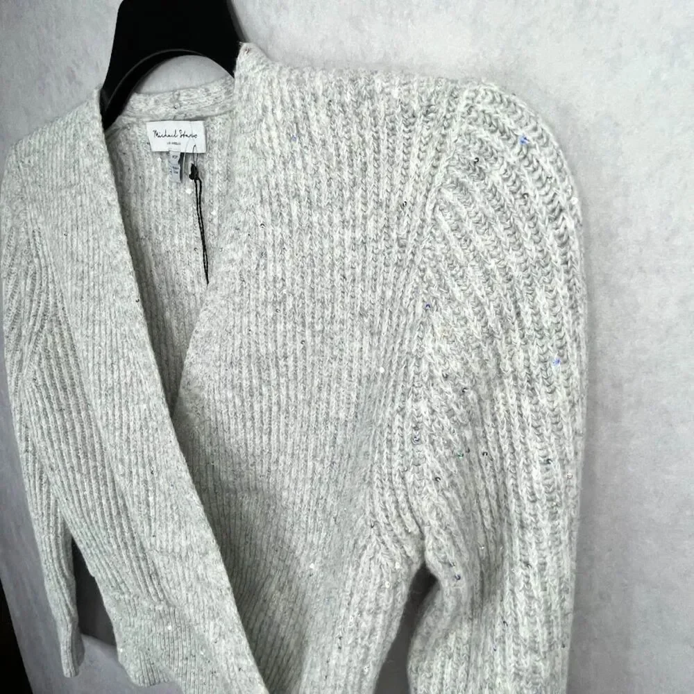 Michael Stars Laurel Sweater Womens XS Petite Gray Wool Sequins V Neck $198 NEW!